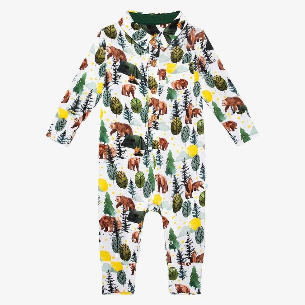 Boy's Bamboo Long Sleeve Collared Henley Romper, Archer (Bears)
