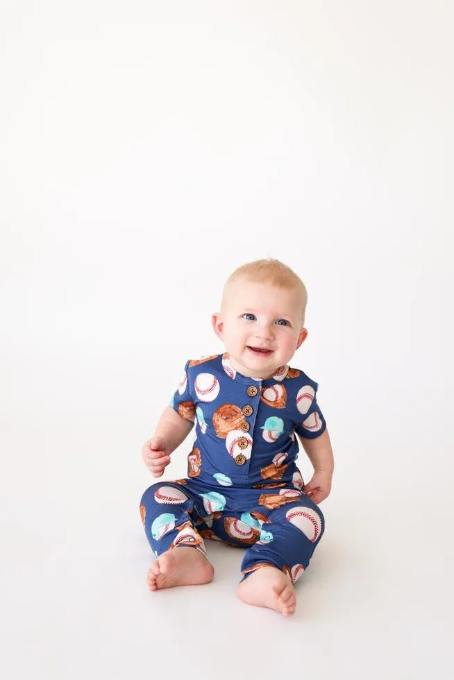 Boy's Short Sleeve Henley Romper - Homer (Baseball)