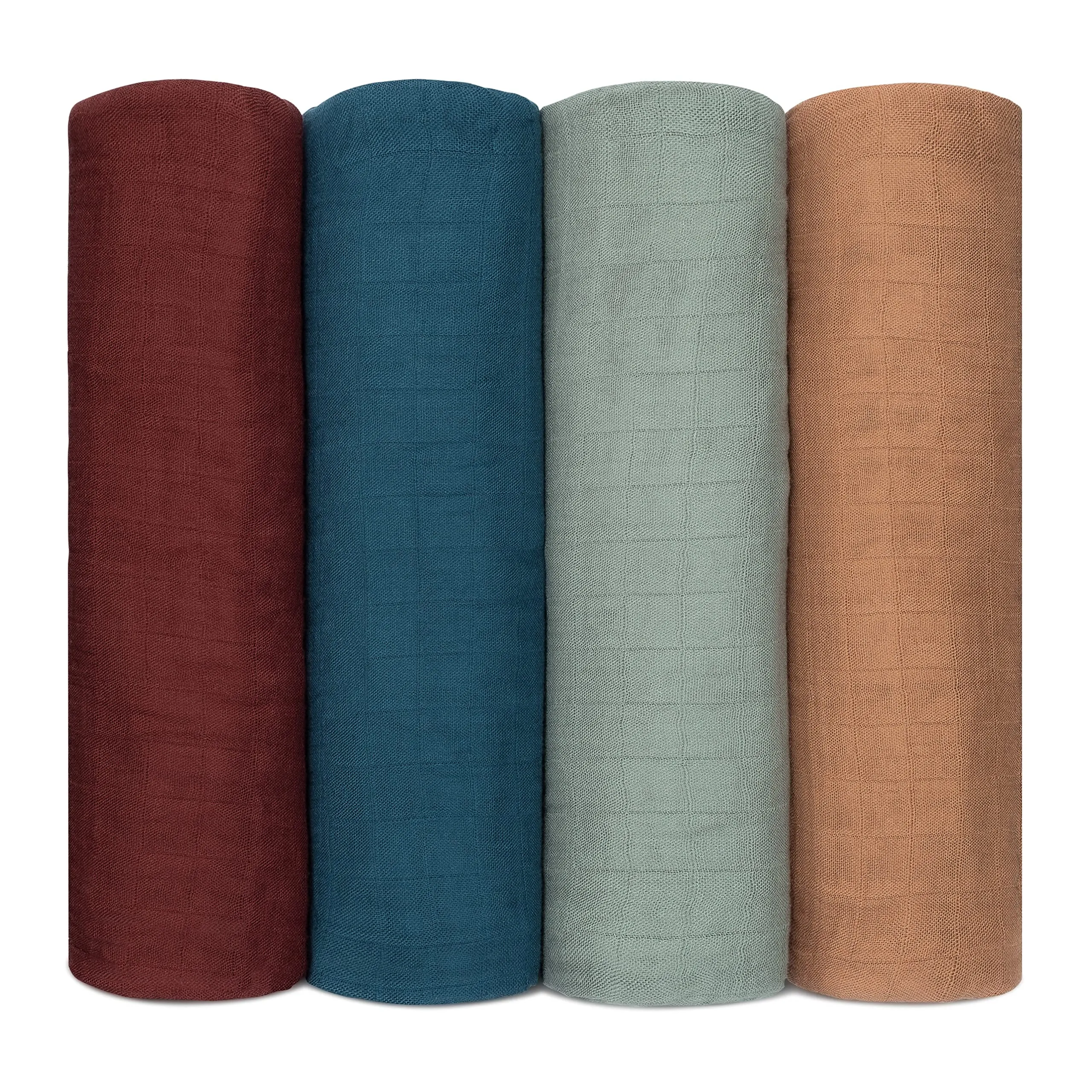Muslin Swaddle Blankets, 4 Pack by Comfy Cubs - Wine, Neptune, Fern, Caramel