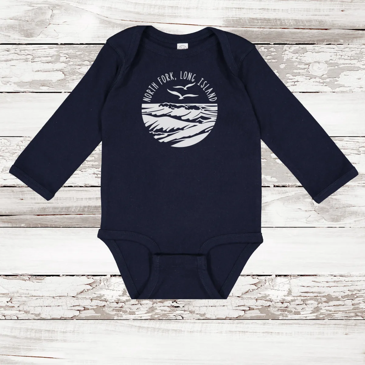 North Fork Long Island Sea & Gull Long Sleeve Baby Onesie